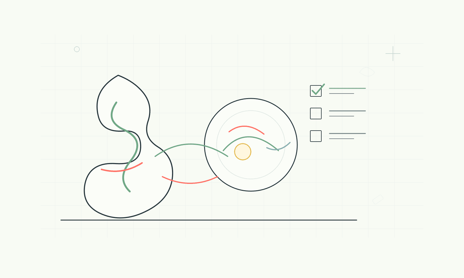 Line illustration of gut health, a meal plate, and a SIBO food checklist