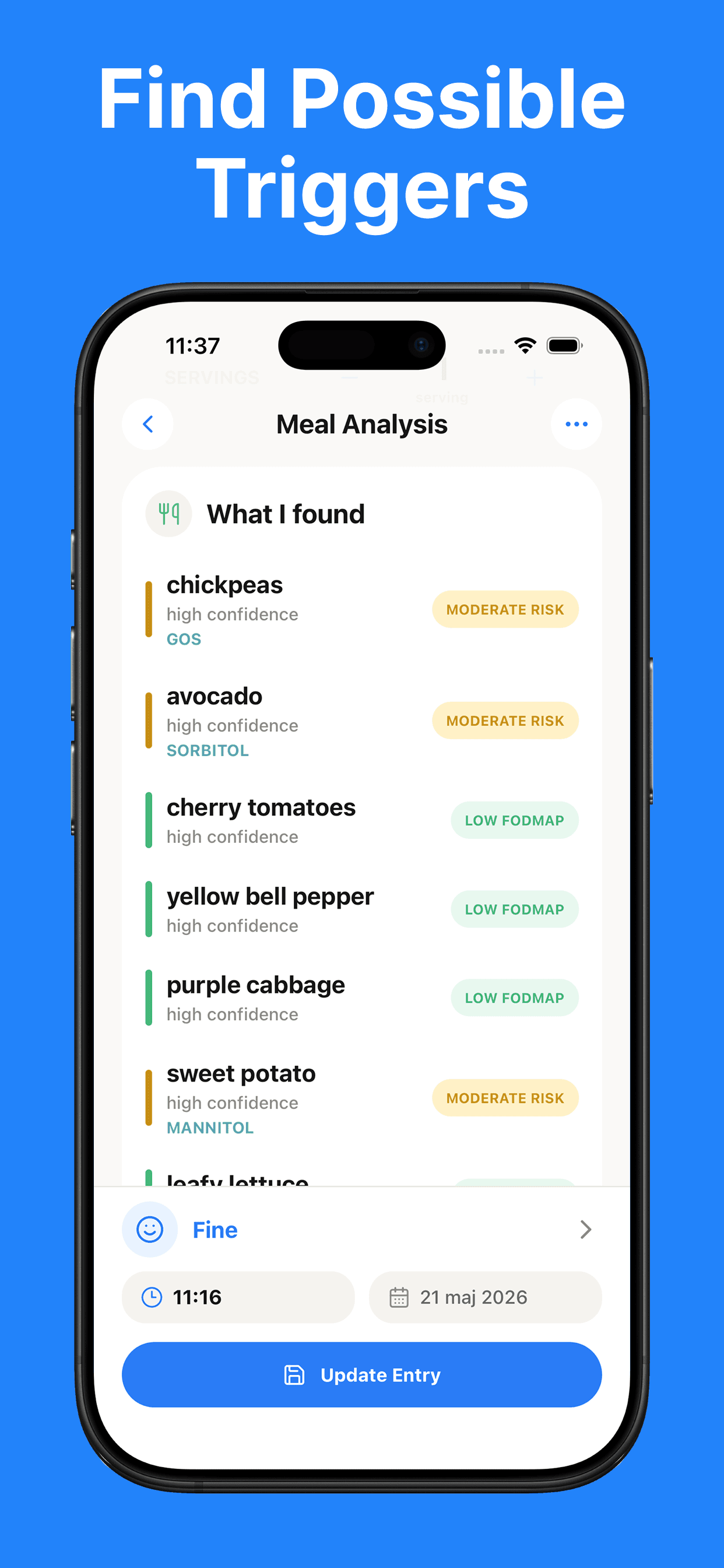Lower-risk alternatives in Low FODMAP Food Scanner