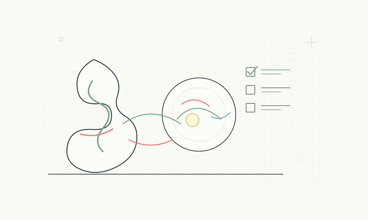 Line illustration of gut health, a meal plate, and a SIBO food checklist