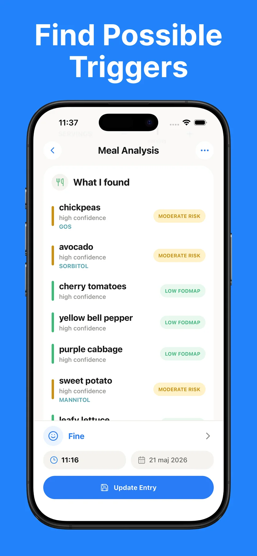 Lower-risk alternatives in Low FODMAP Food Scanner